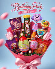 BingoWorld Ultimate Birthday Candy Bouquet under Rs 2000 – Fun Stix, Bingo Funties, Guppy Jelly, Play Pop eggs, Candy Pop Lollipops and Bear Candy Dispenser in a pink flower bouquet
